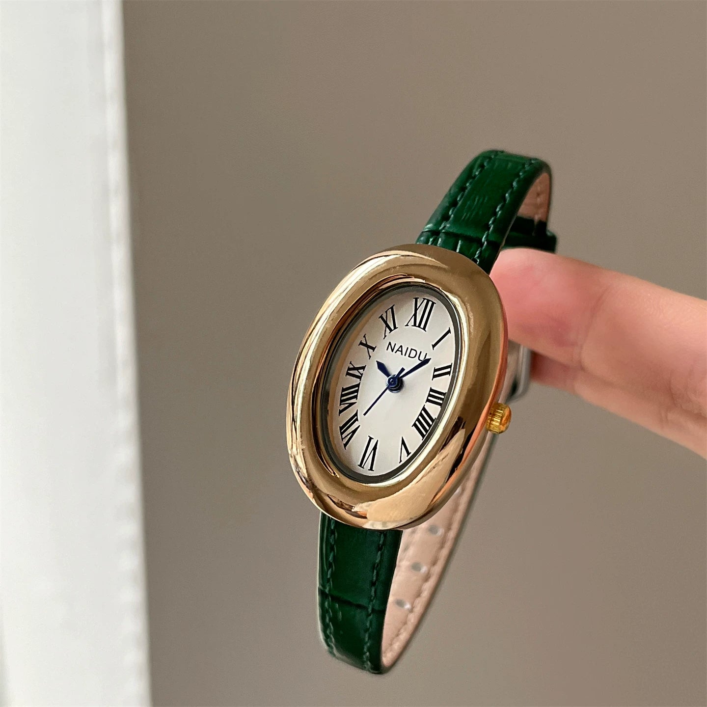 Vintage Inspired Bangle Watch - Green Leather / Gold Case / White Dial / Full Roman Numerals [KAPATD2B]