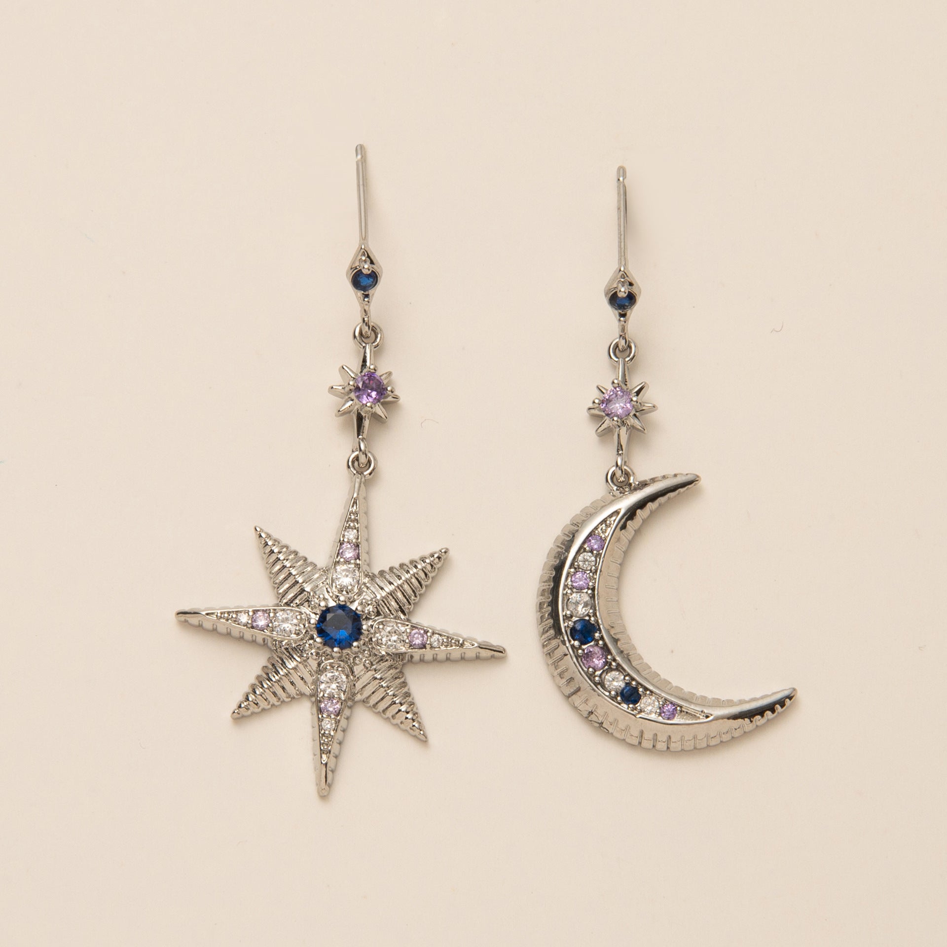 Asymmetric Star and Moon Drop Earrings - Silver (1 Pair) [HF3JFCDQ]