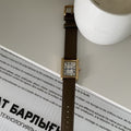 Mirabel Rectangular Leather Watch - Mustard Green Strap Gold Frame White Dial [W5T63B4Q]