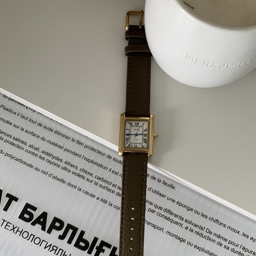 Mirabel Rectangular Leather Watch - Mustard Green Strap Gold Frame White Dial [W5T63B4Q]