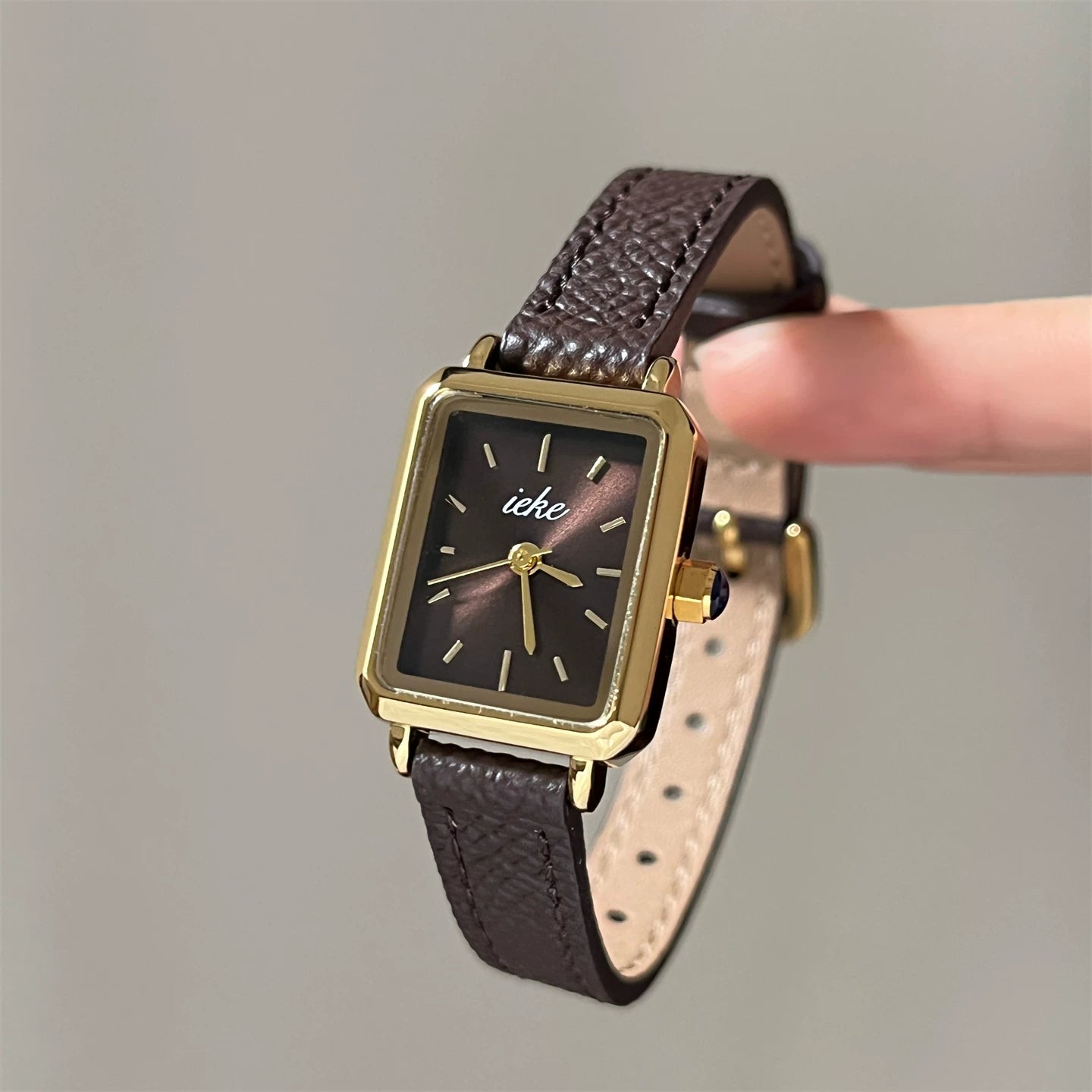 Vintage Square Leather Strap Watch - Dark Coffee Gold Frame Coffee Dial / Litchi Pattern [C8907DZP]
