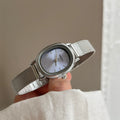 Oval Vintage Leather Strap Watch - Silver Strap Blue Face (Oval Wire Mesh) [KX04072L]