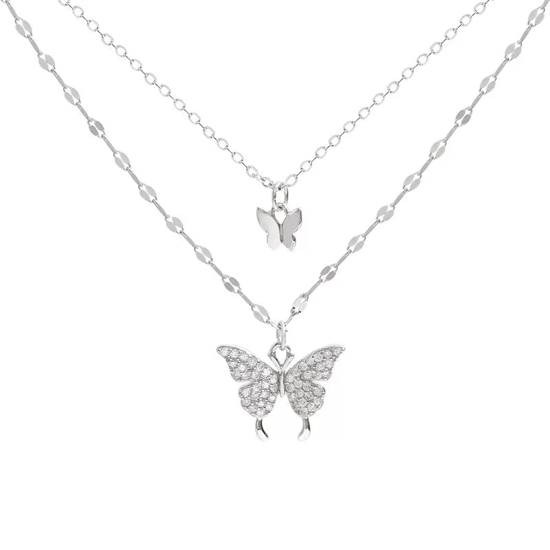 Layered Butterfly Pendant Necklace - Double-Layer Butterfly Necklace [L211ZAN2]