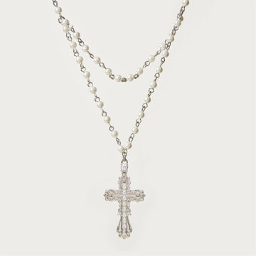 Mykayla Shell Pearl Cross Necklace - Silver Necklace [U297UTO7]