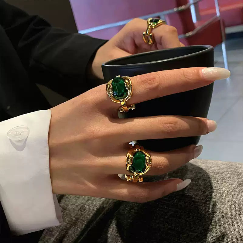 Emerald Stone Chain Statement Ring
