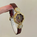 Vintage Camellia Leather Strap Watch - Brown Strap Gold Case Brown Dial [O7SUL9YS]