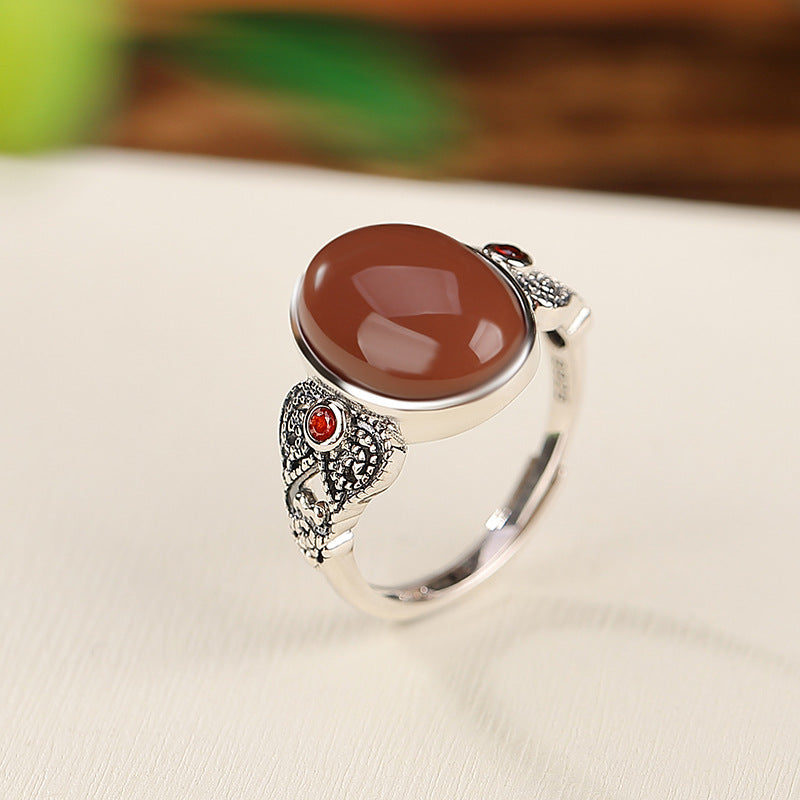 Red Agate Dragon Sterling Silver Ring