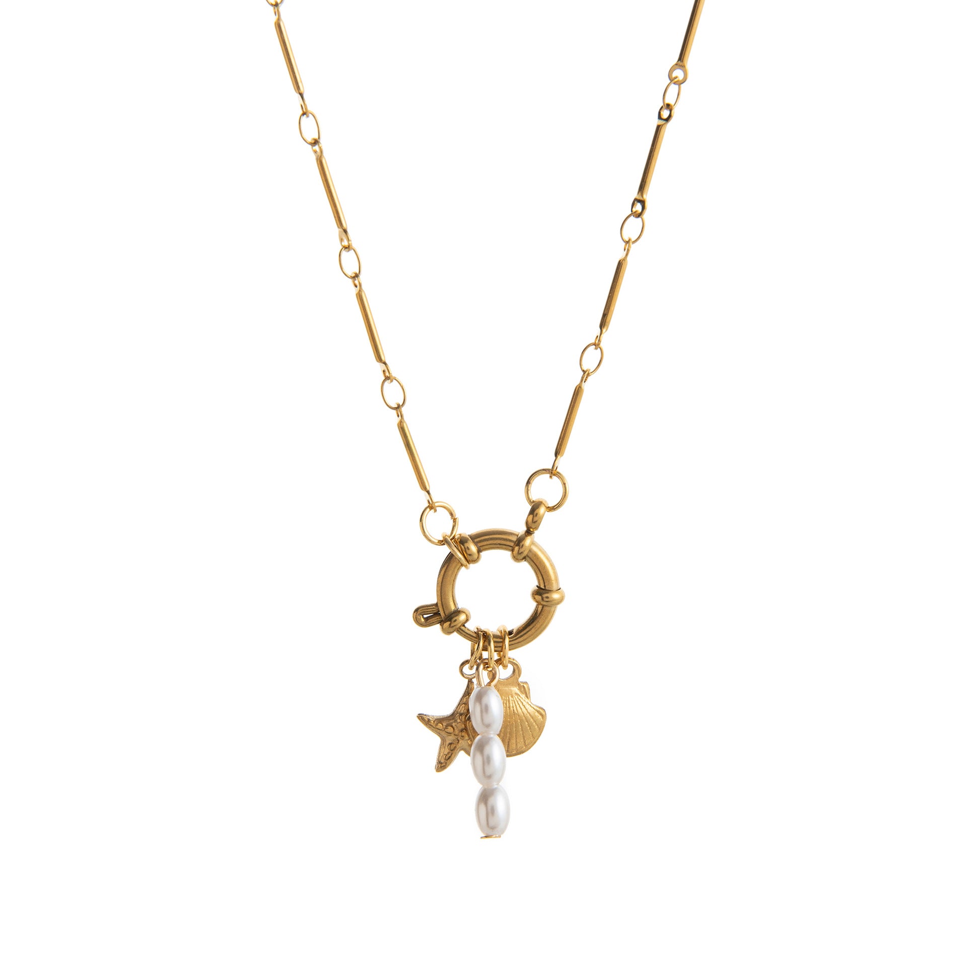 Dainty Charm Pendant Necklace - Triple Pearl Star Shell Necklace [MQ88Q0X7]