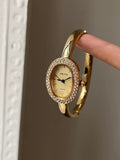 Oval Vintage Gold Bracelet Watch - Gold Band Gold Dial (Crystal Bezel, Stick Markers) [IHY46666]