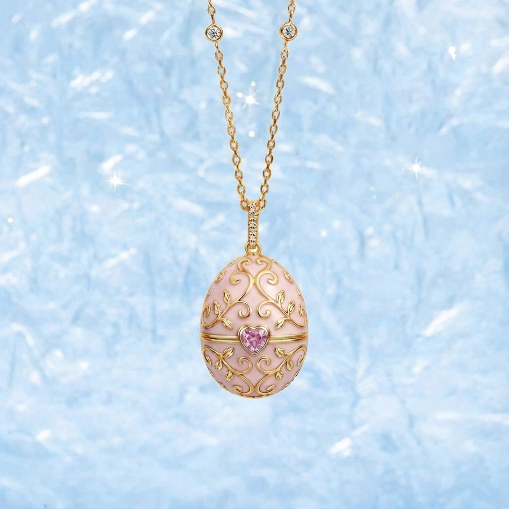 Enameled Egg Pendant Necklace - Pink Zircon Vine Egg Necklace [XUZ95ZQ0]
