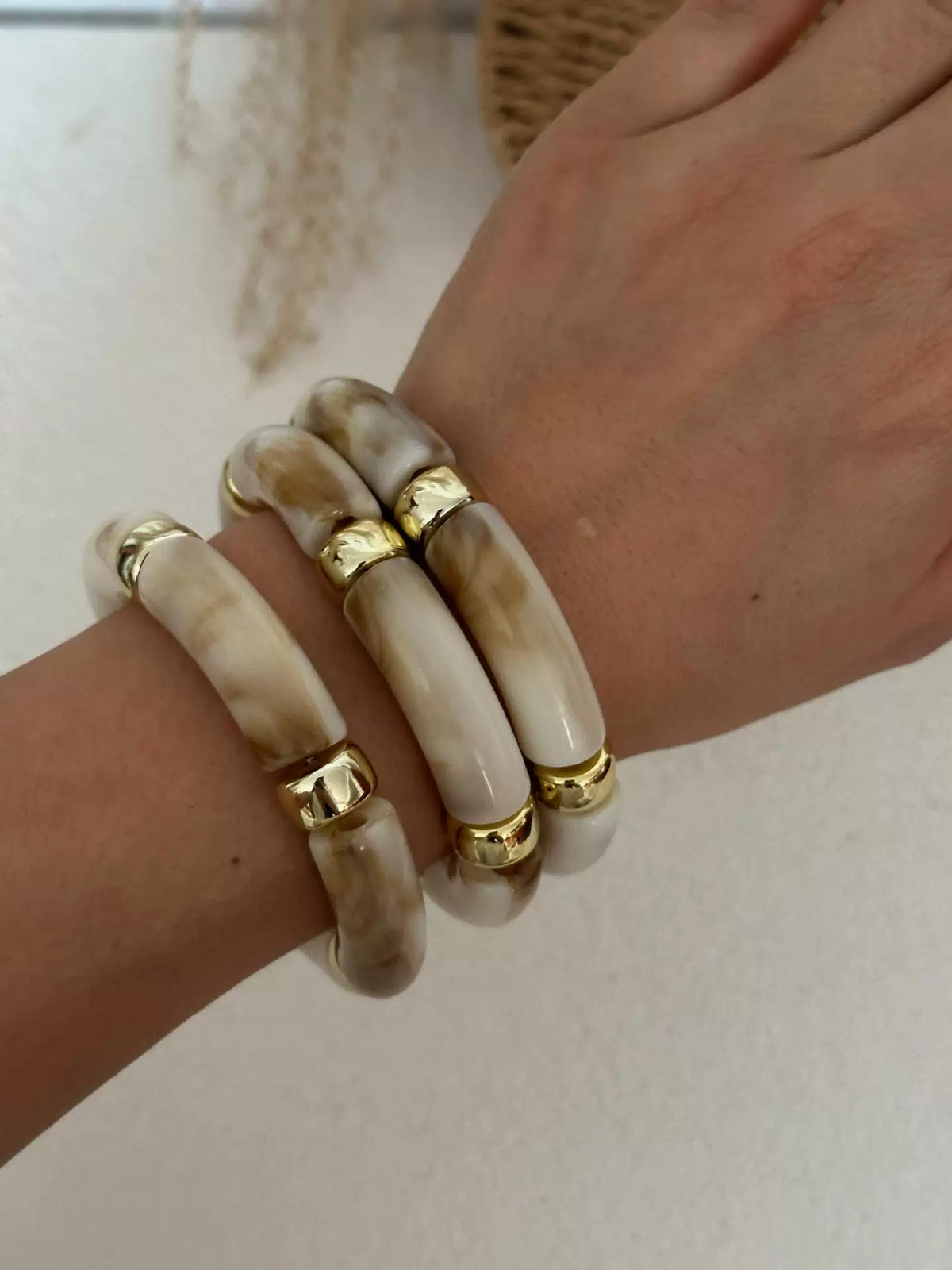 Multi-Layered Bamboo Bracelet Set - Marble White [FJTIFXVH]
