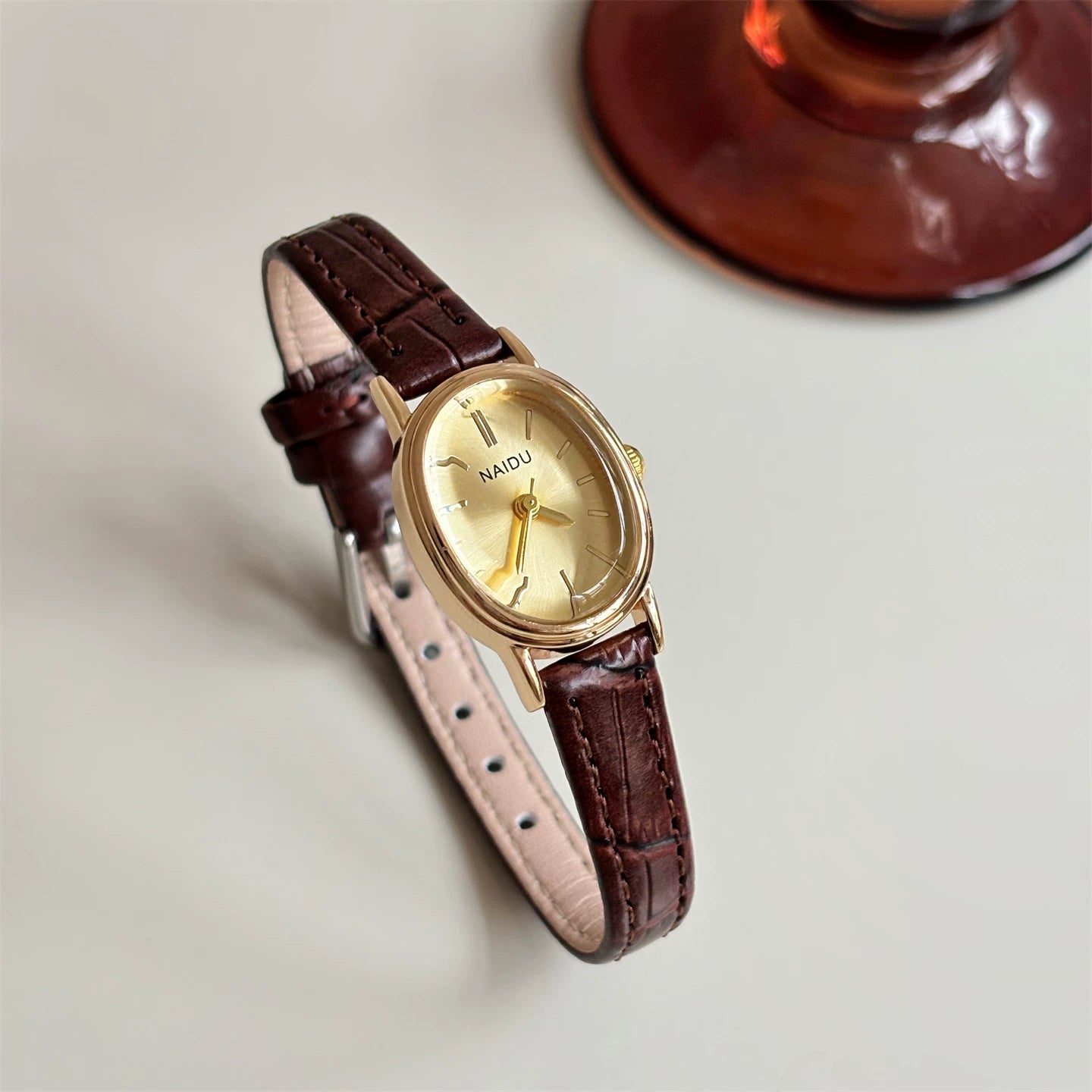 Oval Vintage Leather Strap Watch - Coffee Strap Gold Face (Leather) [B834602B]