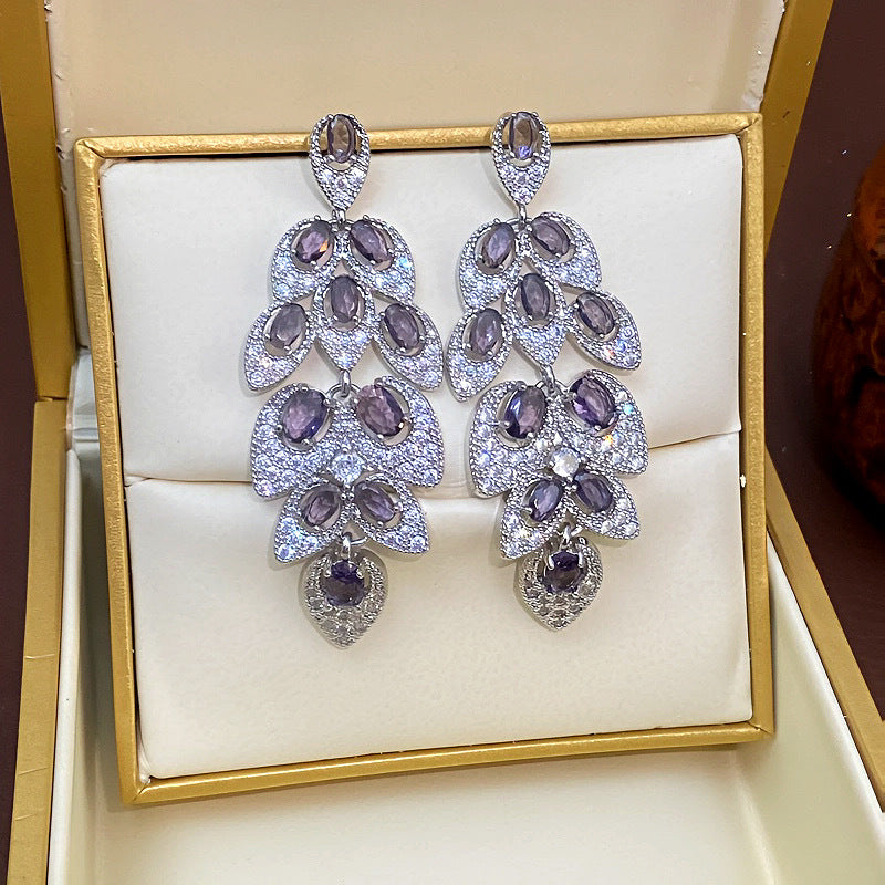 Avangeline Zircon Leaf Earrings - Silver-Purple [L7M7H9MH]