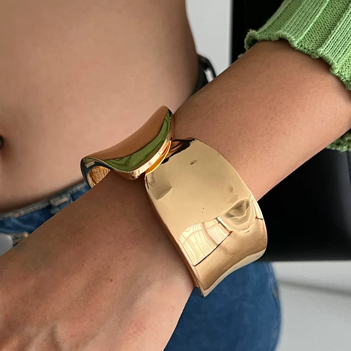 Concave Glossy Wide Cuff Bracelet - Gold Wide [D3MU9769]