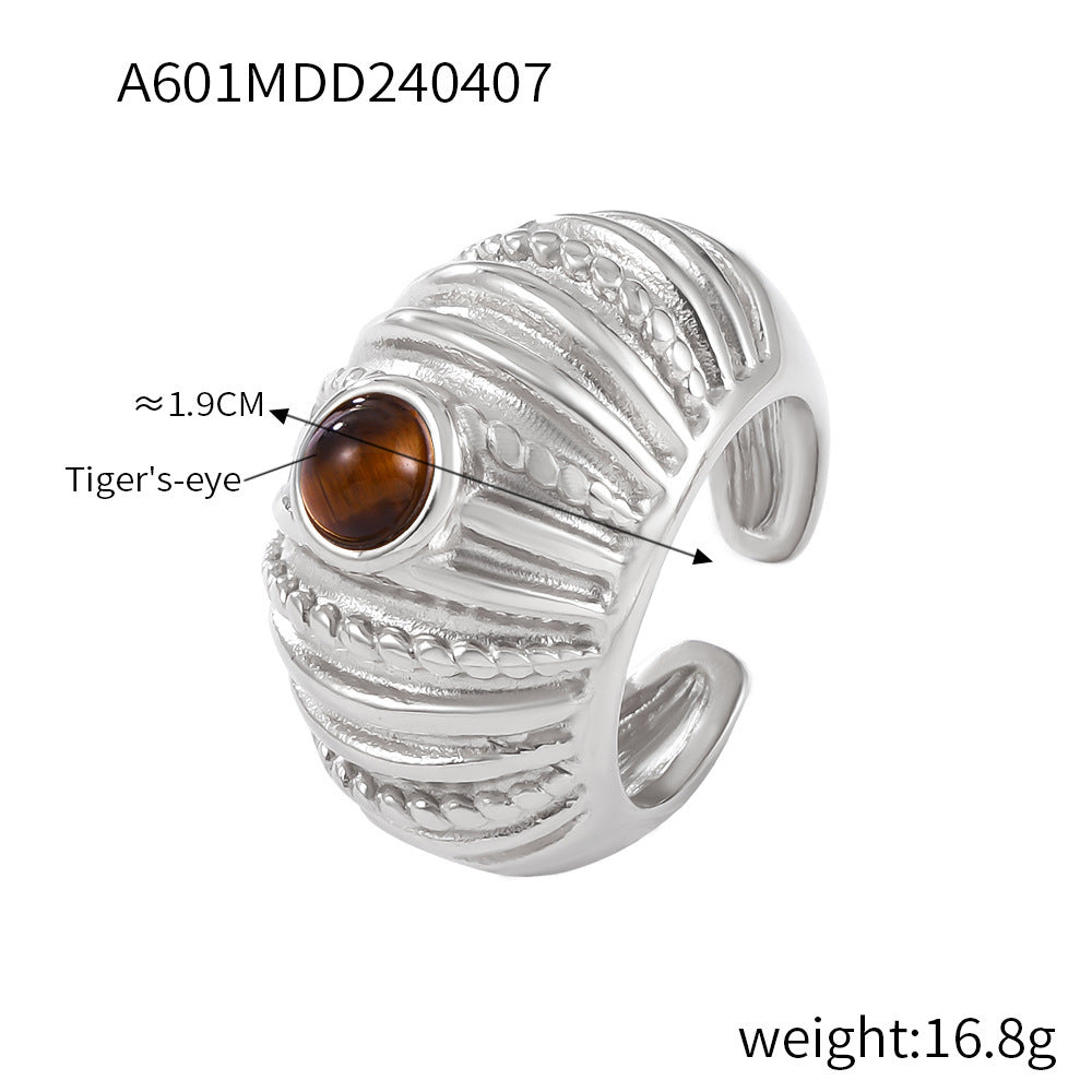 Hallee Geometric Inlay Ring - Steel Tiger Eye Stone Ring [7QEO2FDV]