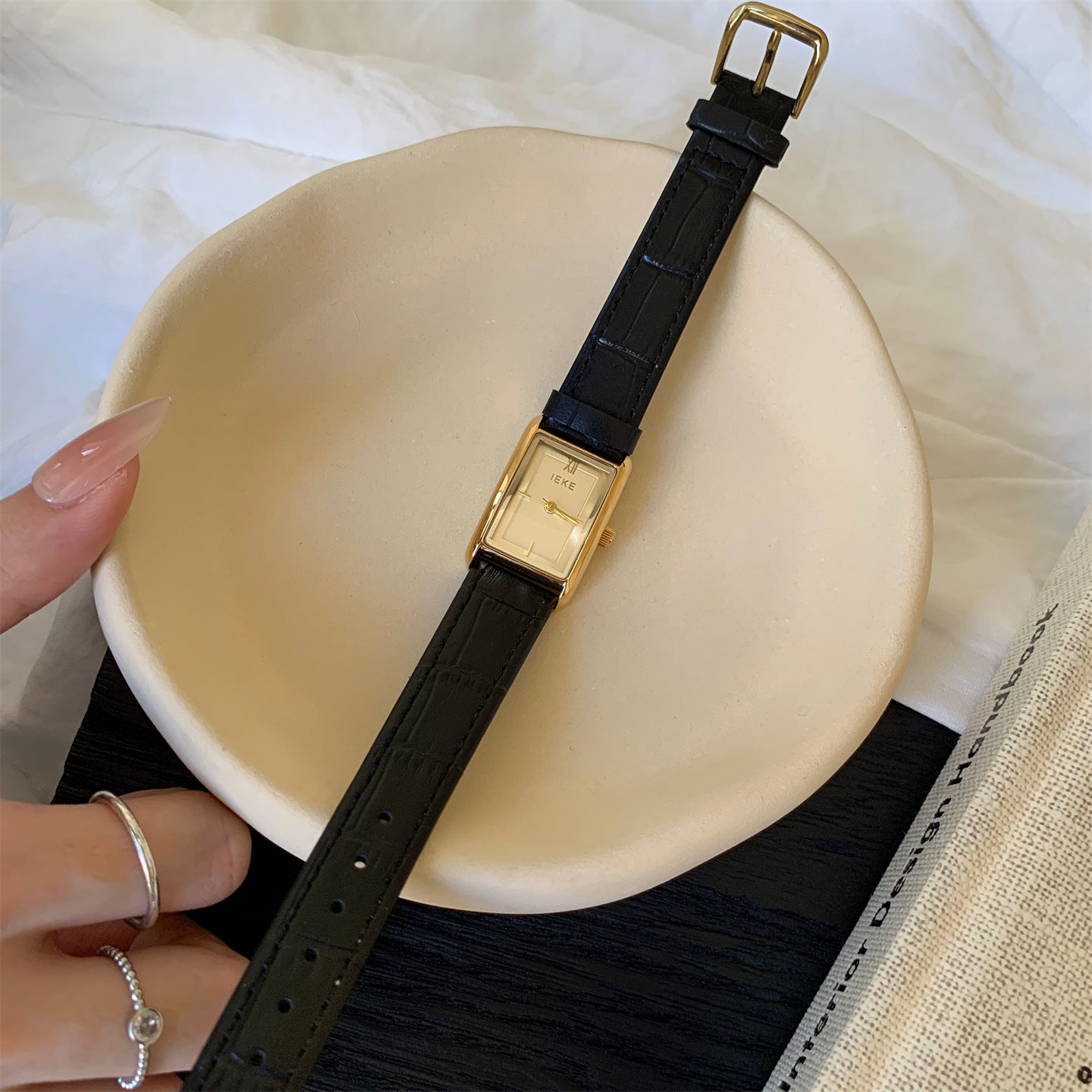 Ivyonna Rectangular Leather Watch - Black Strap Gold Frame Gold Face [2MW6N9BY]