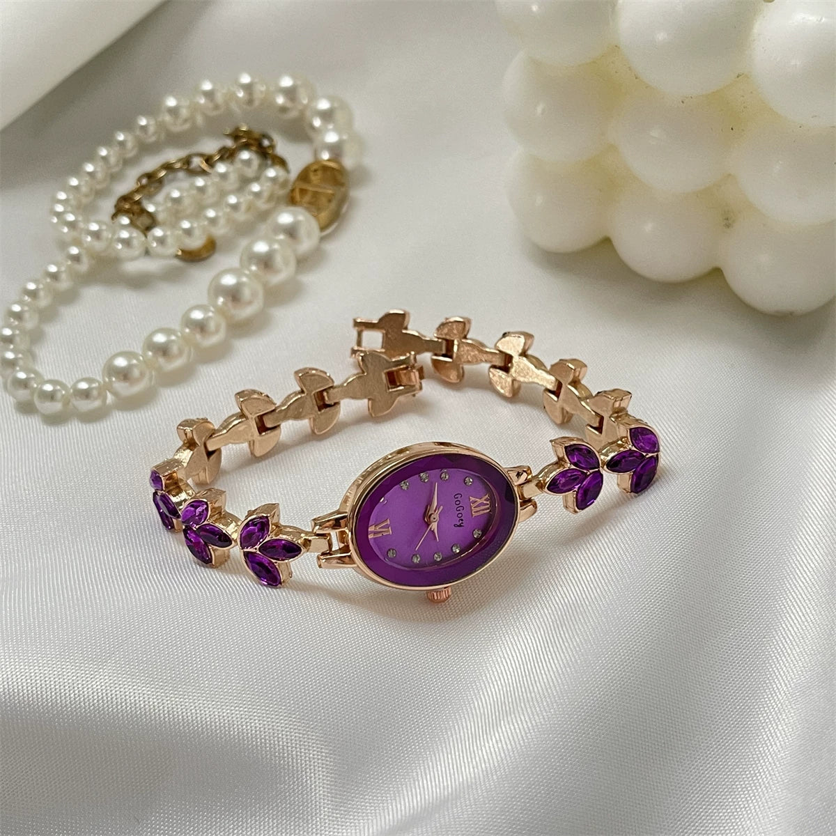 Oval Bracelet Watch with Stones - Violet [DF735SSB]
