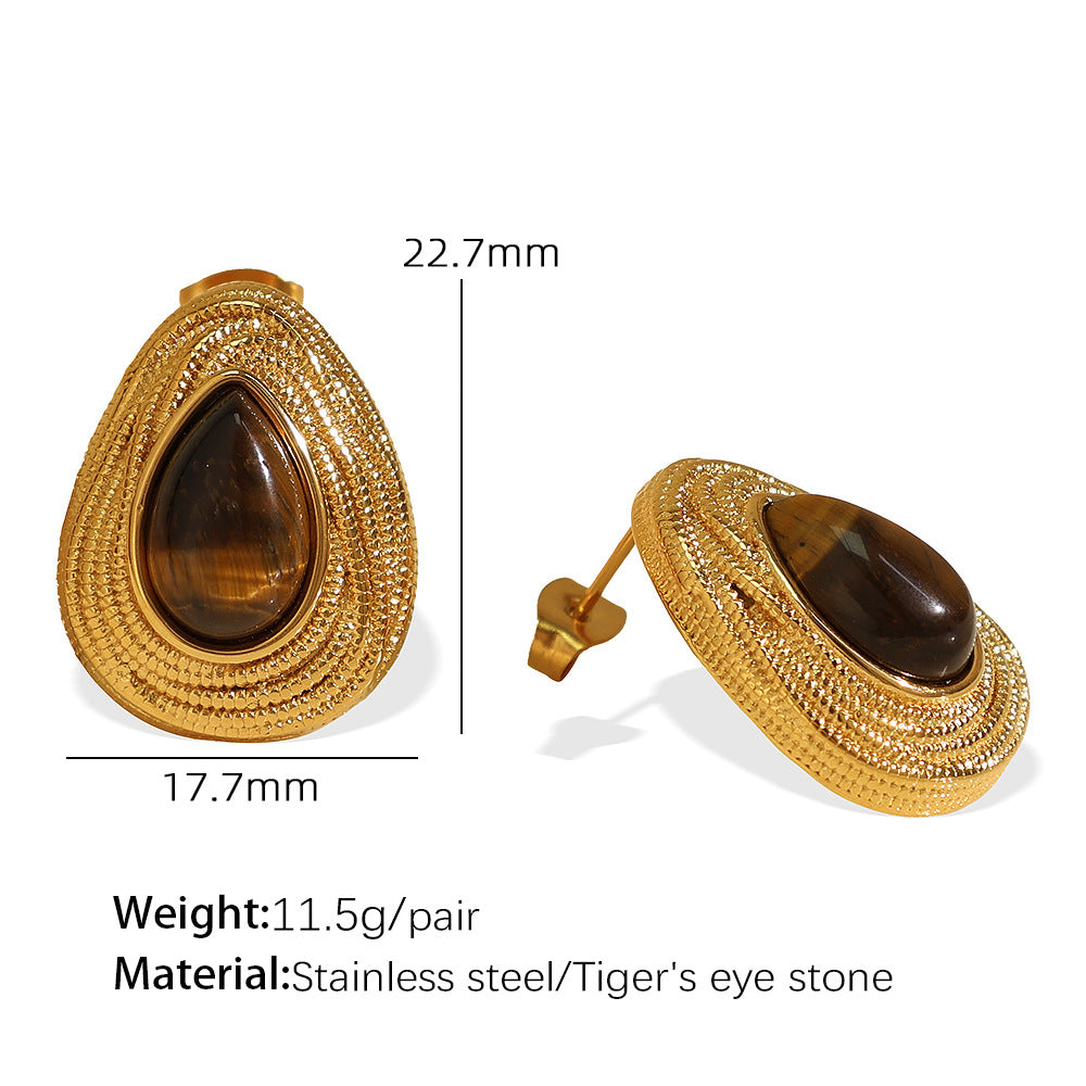 Rhema Gold Tone Stone Set - Tiger Eye Stone Gold Earrings [ERDATO9U]
