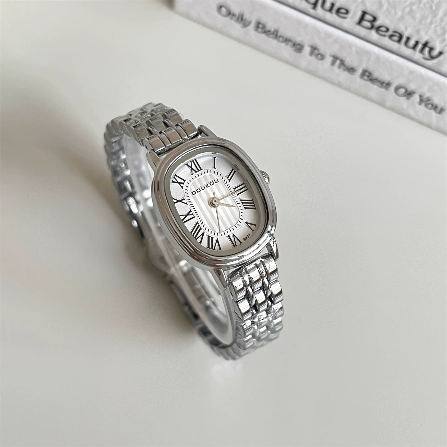 Daisy Dial Bracelet Watch - Silver Strap White Dial Oval Roman [HI6XJKD6]