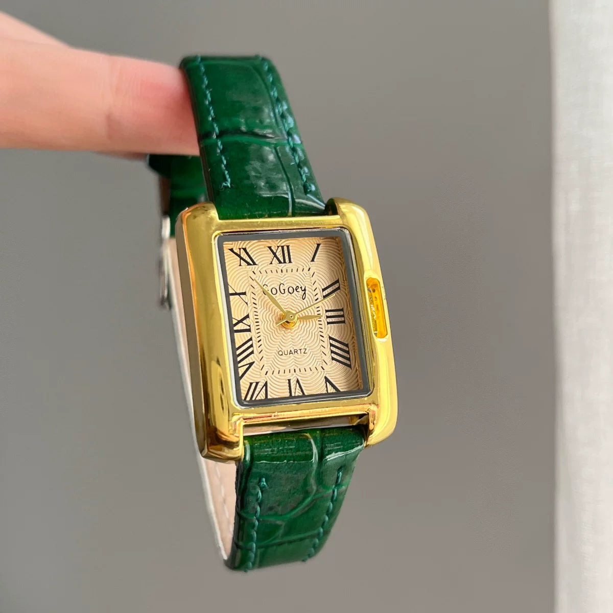 Vintage Square Roman Numeral Watch - Green Strap Gold Case Gold Dial [1T97U88X]