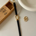 Vintage Oval Leather Strap Watch - Black Strap, Gold Case, White Dial [E7YBFSSV]