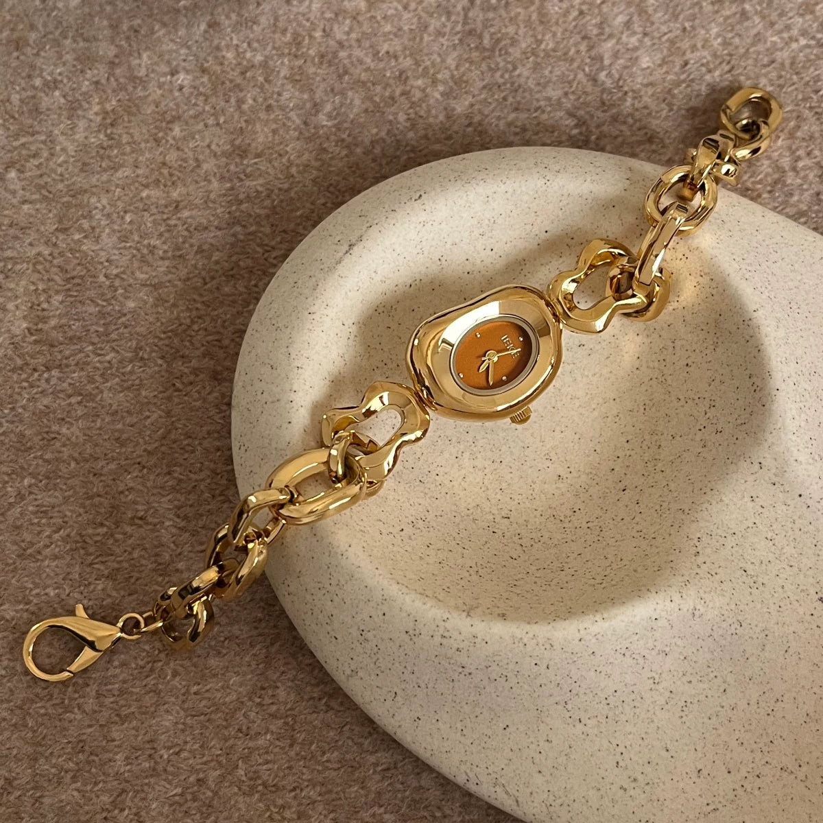 Irregular Hollow Bracelet Watch - Gold Band with Orange Dial [SH0AZZ17]