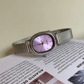Oval Vintage Leather Strap Watch - Silver Strap Purple Face (Oval Wire Mesh) [P6BE0DA7]