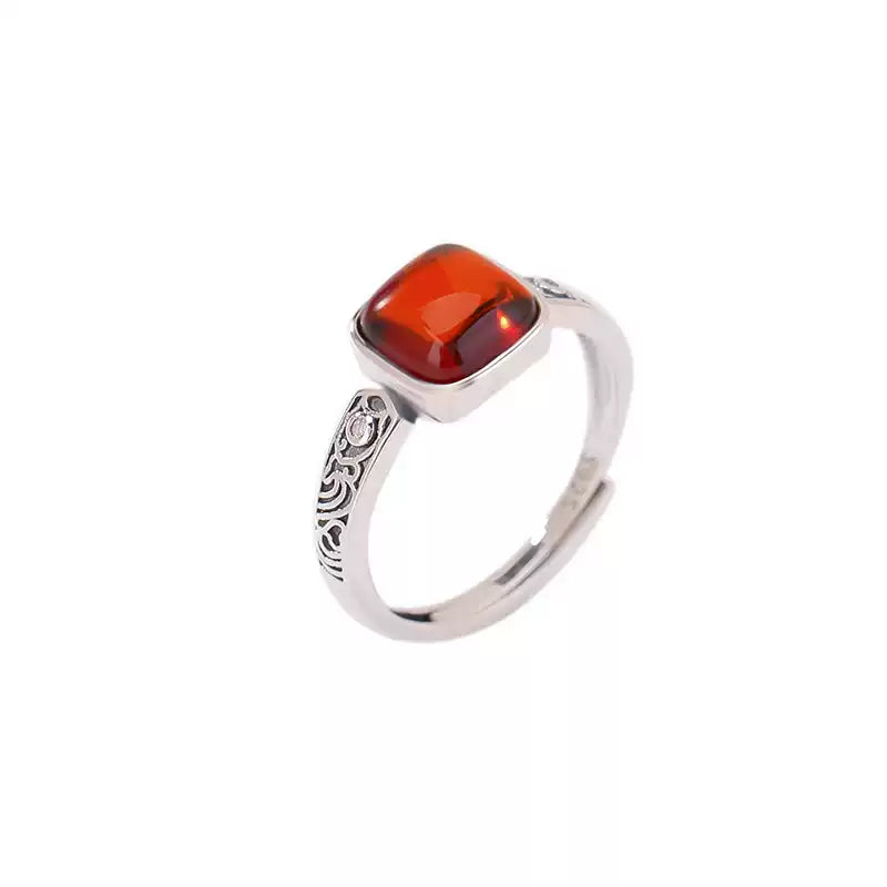 Bloodstone Amber Square Silver Ring