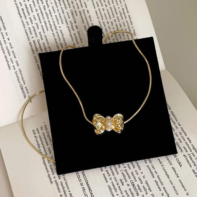 Ethel Layered Bow Pearl Necklace - Gold Necklace [KPA7I919]