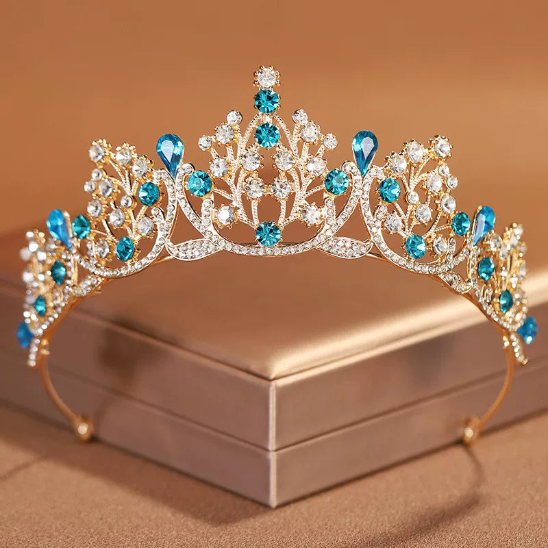 Rhinestone Water Drop Bridal Tiara - Gold with Sky Blue Rhinestones [O59UE01Y]