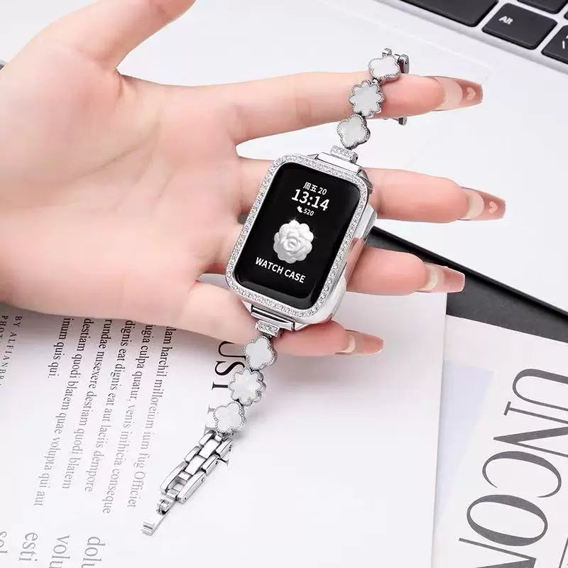 Mother-of-Pearl Clover Watch Strap - Silver (Band + Bling Case) [A1HXDO1X]