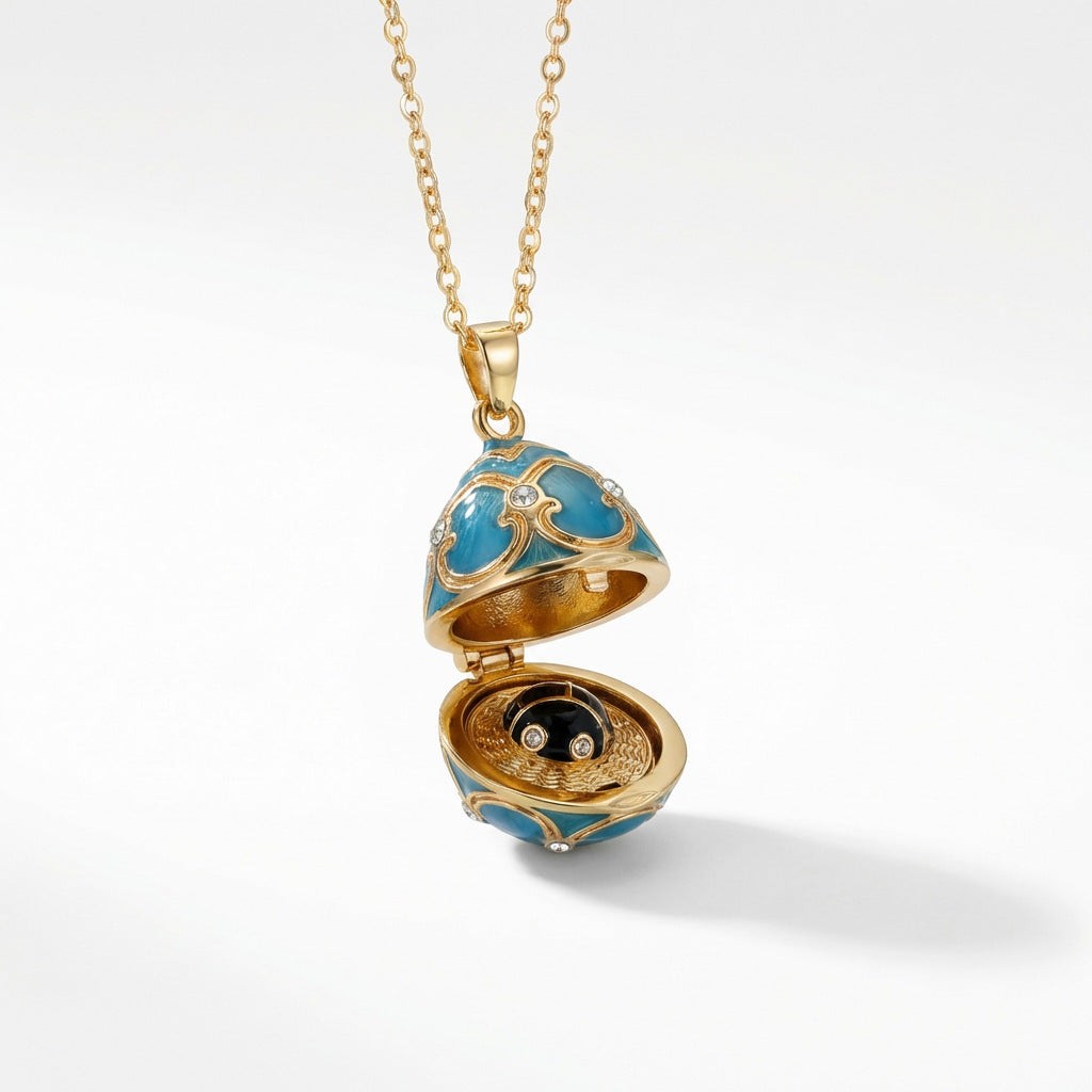 Enameled Egg Pendant Necklace - Blue Locket Egg (Beetle Inside) [ZDJ1Q9AD]