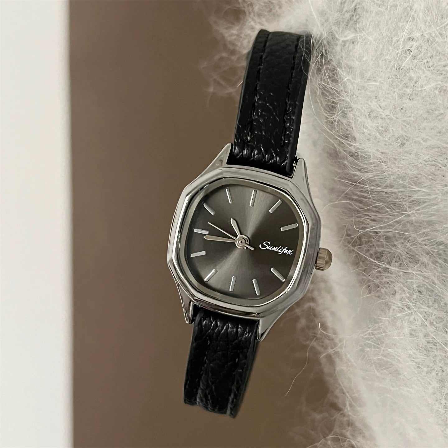 Retro Square Dial Watch - Black Strap Silver Case Black Dial (Leather) [BIN9CQIX]