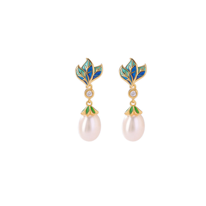 Enamel Leaf Pearl Drop Earrings