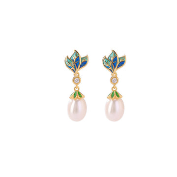 Enamel Leaf Pearl Drop Earrings