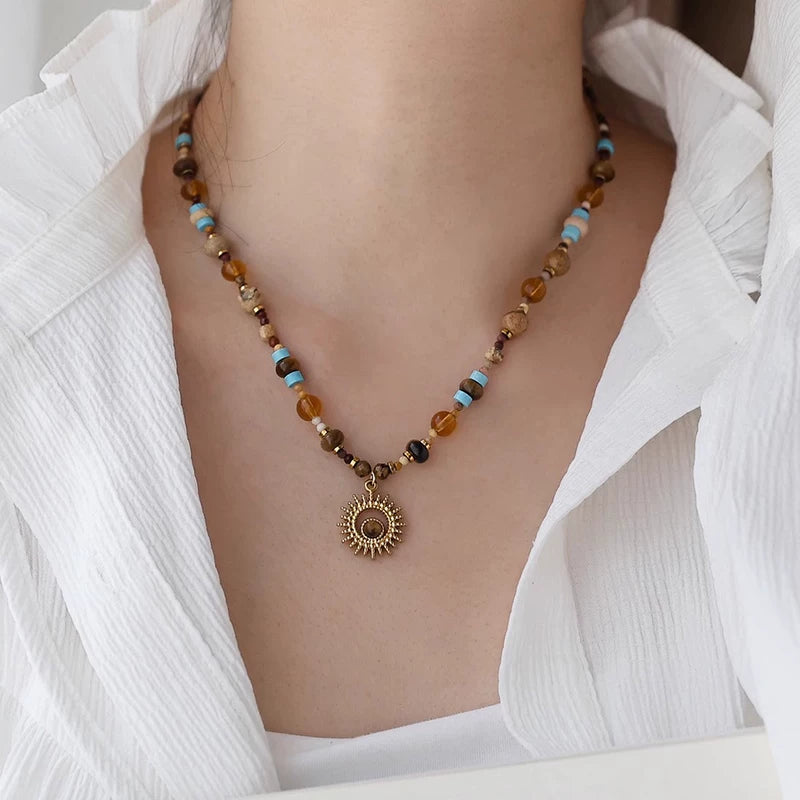 Vintage Sun Beaded Pendant Necklace - 40+5cm [T3ZFXUZ6]