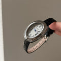 Vintage Inspired Bangle Watch - Black Leather / Silver Case / White Dial / Full Roman Numerals [WMBZ388J]