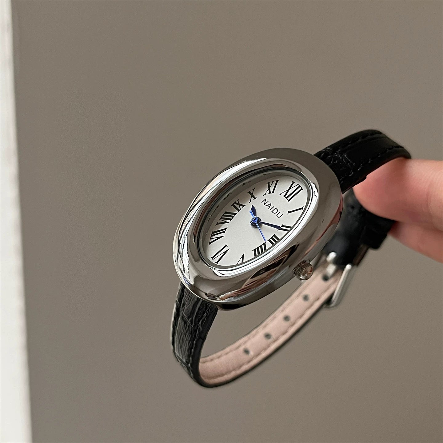Vintage Inspired Bangle Watch - Black Leather / Silver Case / White Dial / Full Roman Numerals [WMBZ388J]