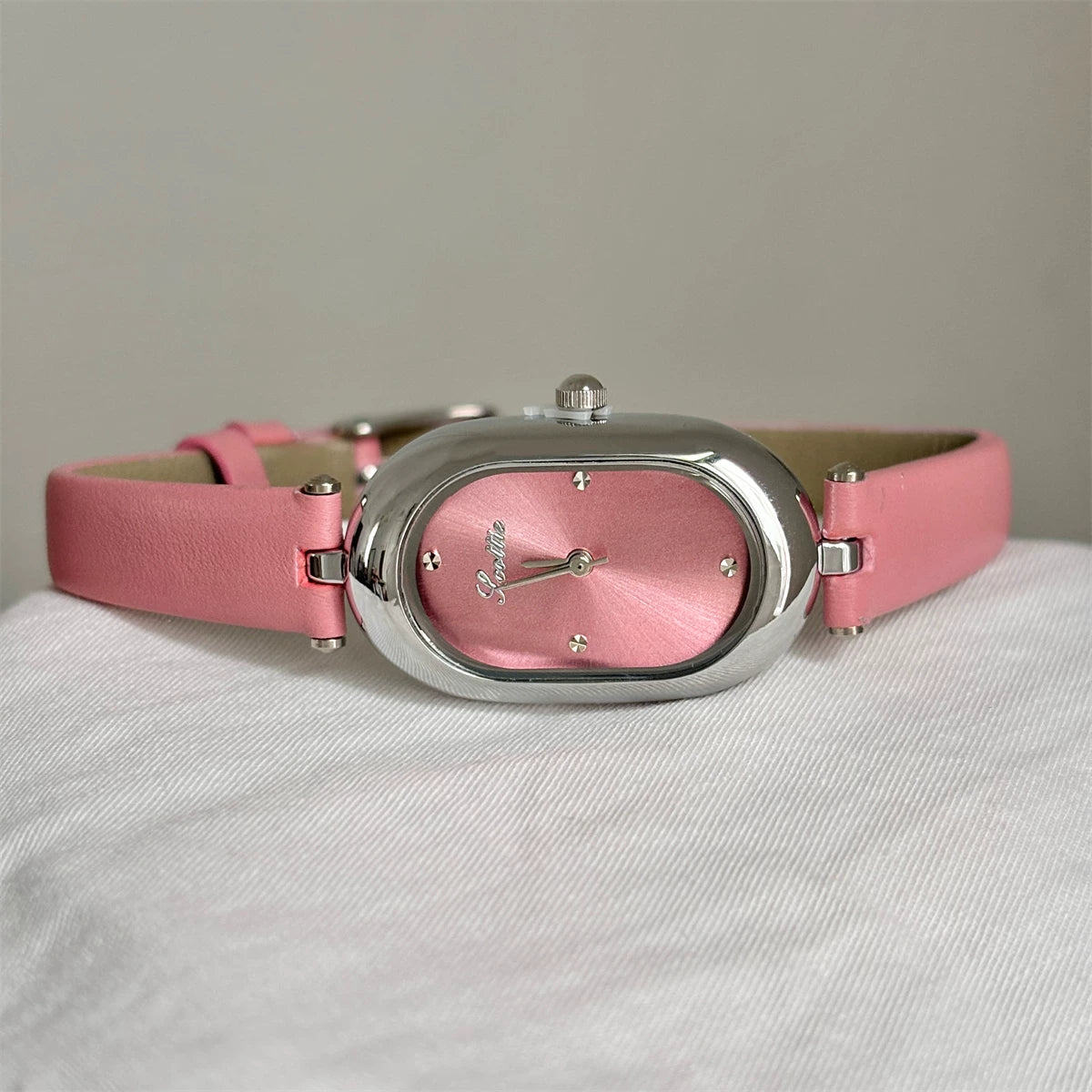 Oval Dial Leather Strap Watch - Pink (Silver Frame) [IOGYTZH5]