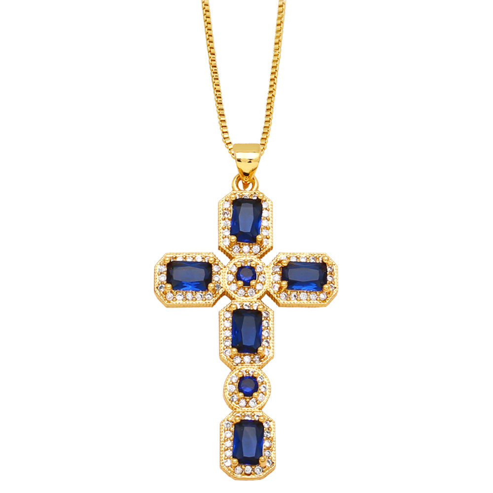 Ayva Zircon Cross Necklace - Blue [Q1VJ6K4E]