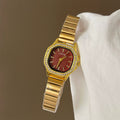 Minimalist Square Bracelet Watch - Gold Band with Red Dial [IWRGKOHR]