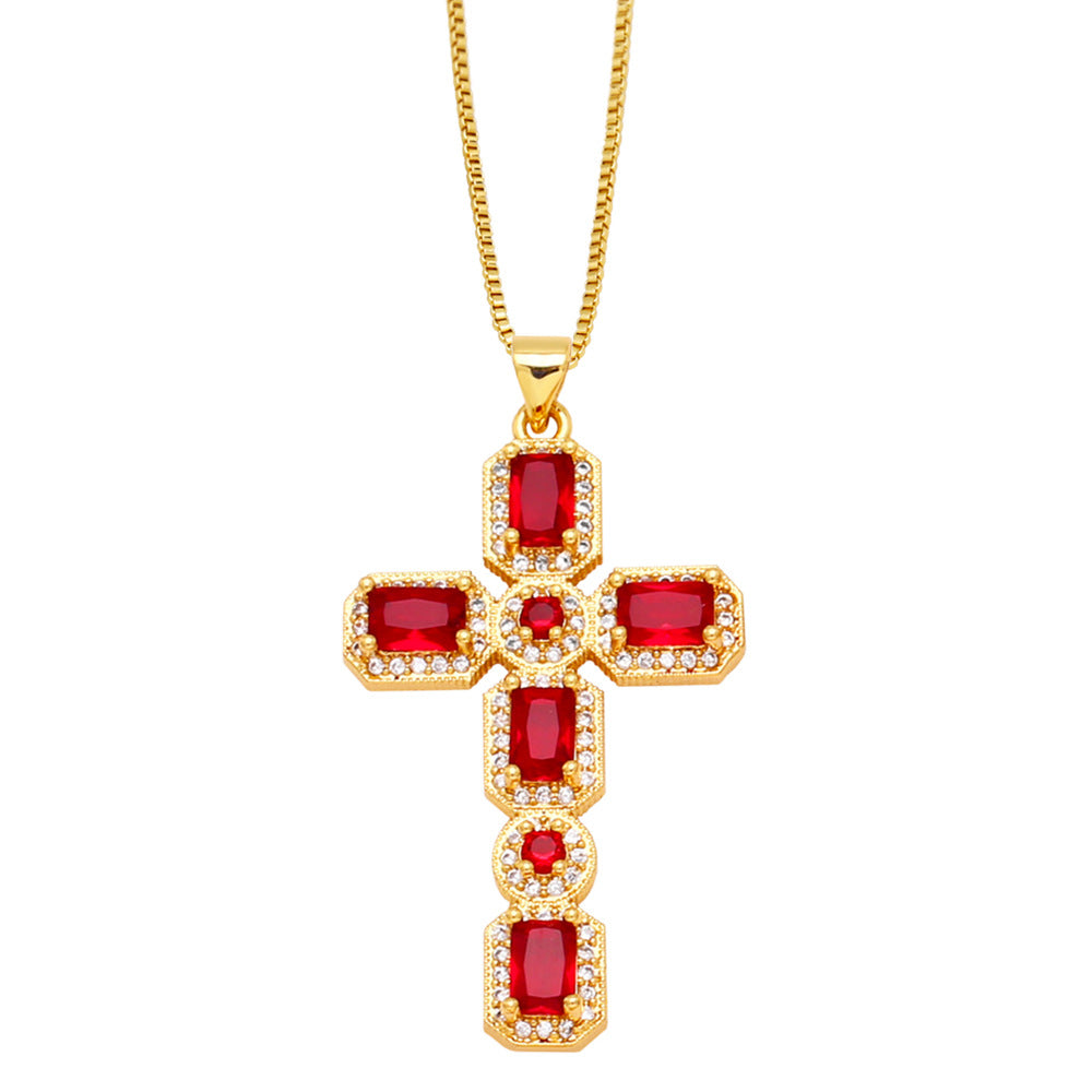 Ayva Zircon Cross Necklace - Red [554Z067J]