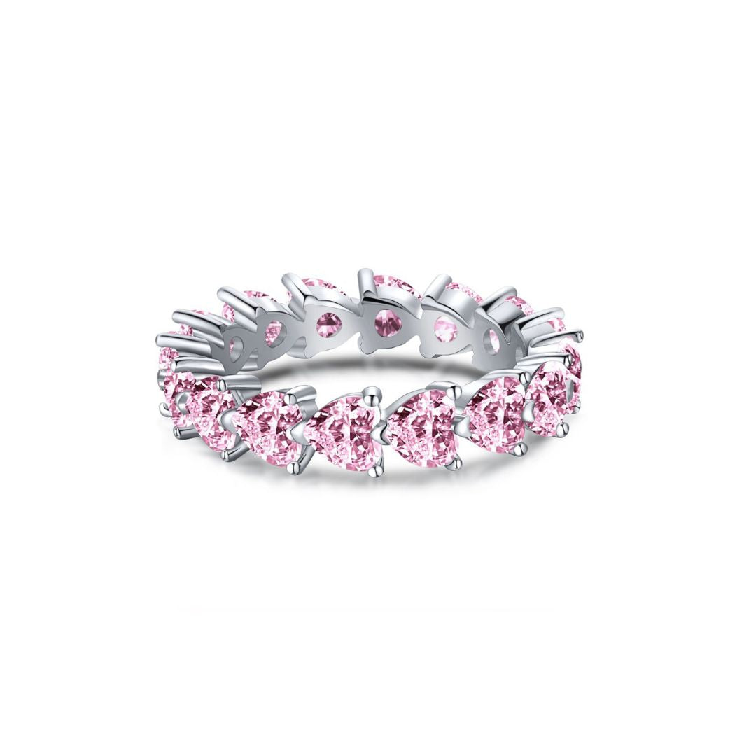 Full Circle Pink Heart Crystal 925 Sterling Silver Ring