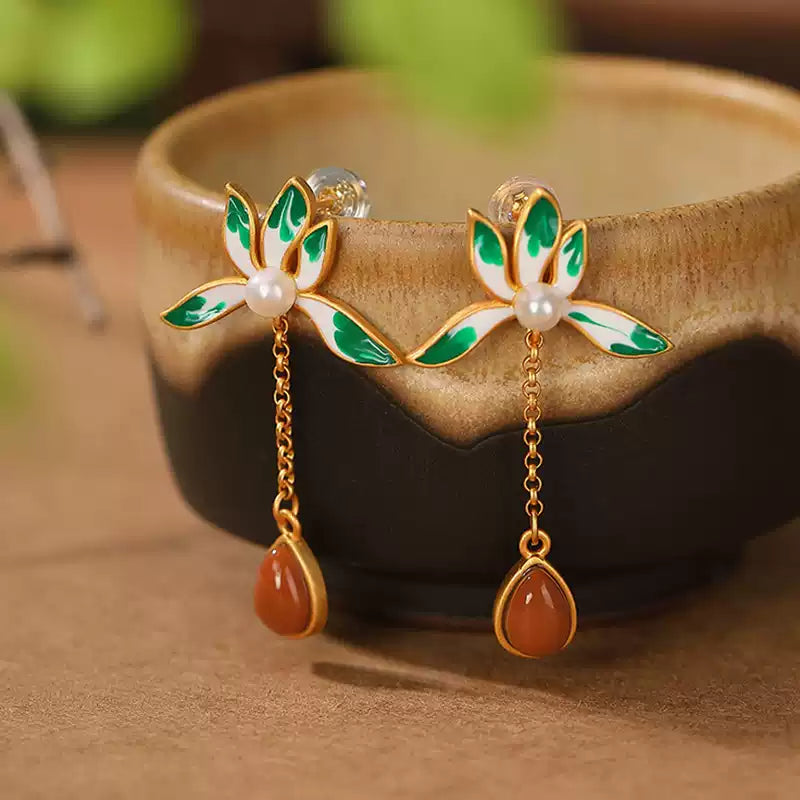 Green Leaf Enamel and Carnelian Drop Earrings