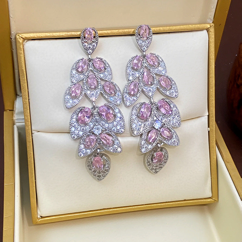 Avangeline Zircon Leaf Earrings - Silver-Pink [YA0D0RLC]