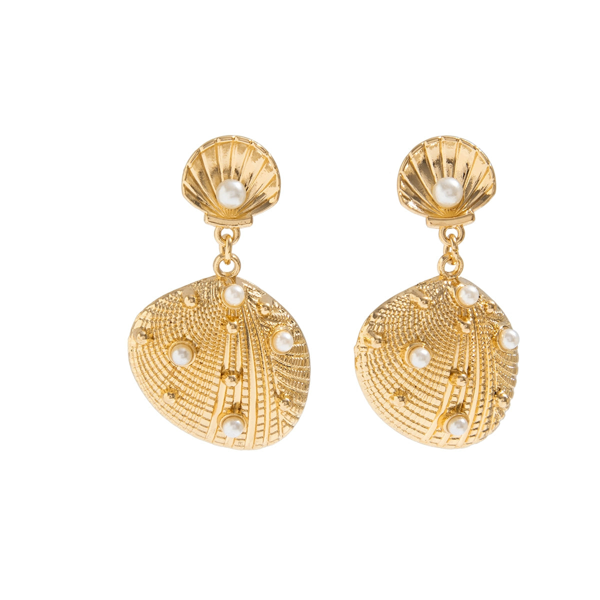 Itzayana Scallop Pearl Stud Earrings - Gold