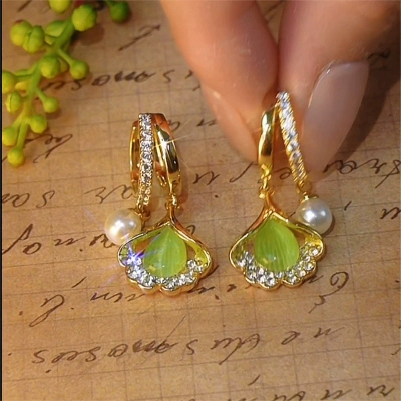 Leidy Ginkgo Pearl Drop Earrings - Green