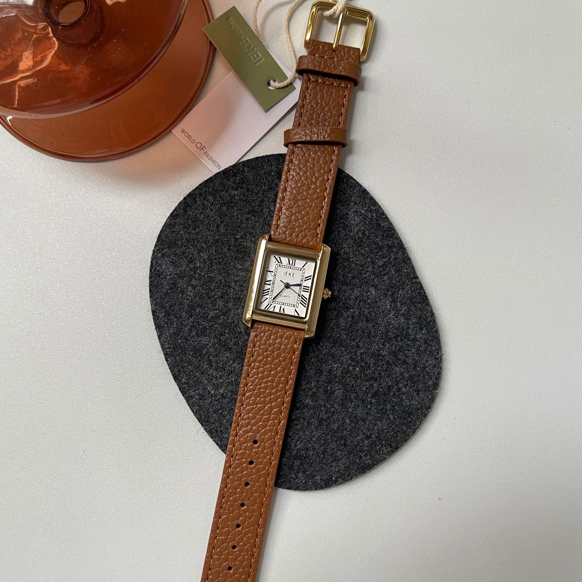 Mirabel Rectangular Leather Watch - Orange-Brown Strap Gold Frame White Dial [9G8ZTGH1]
