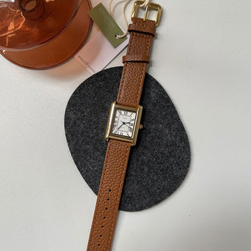 Mirabel Rectangular Leather Watch - Orange-Brown Strap Gold Frame White Dial [9G8ZTGH1]