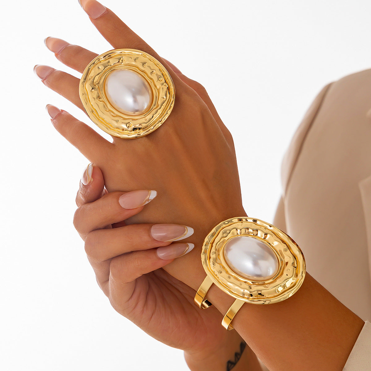 Tanishka Metallic Pearl Bracelet Set - Light Gold Ring & Bracelet Set [2178OW8Q]